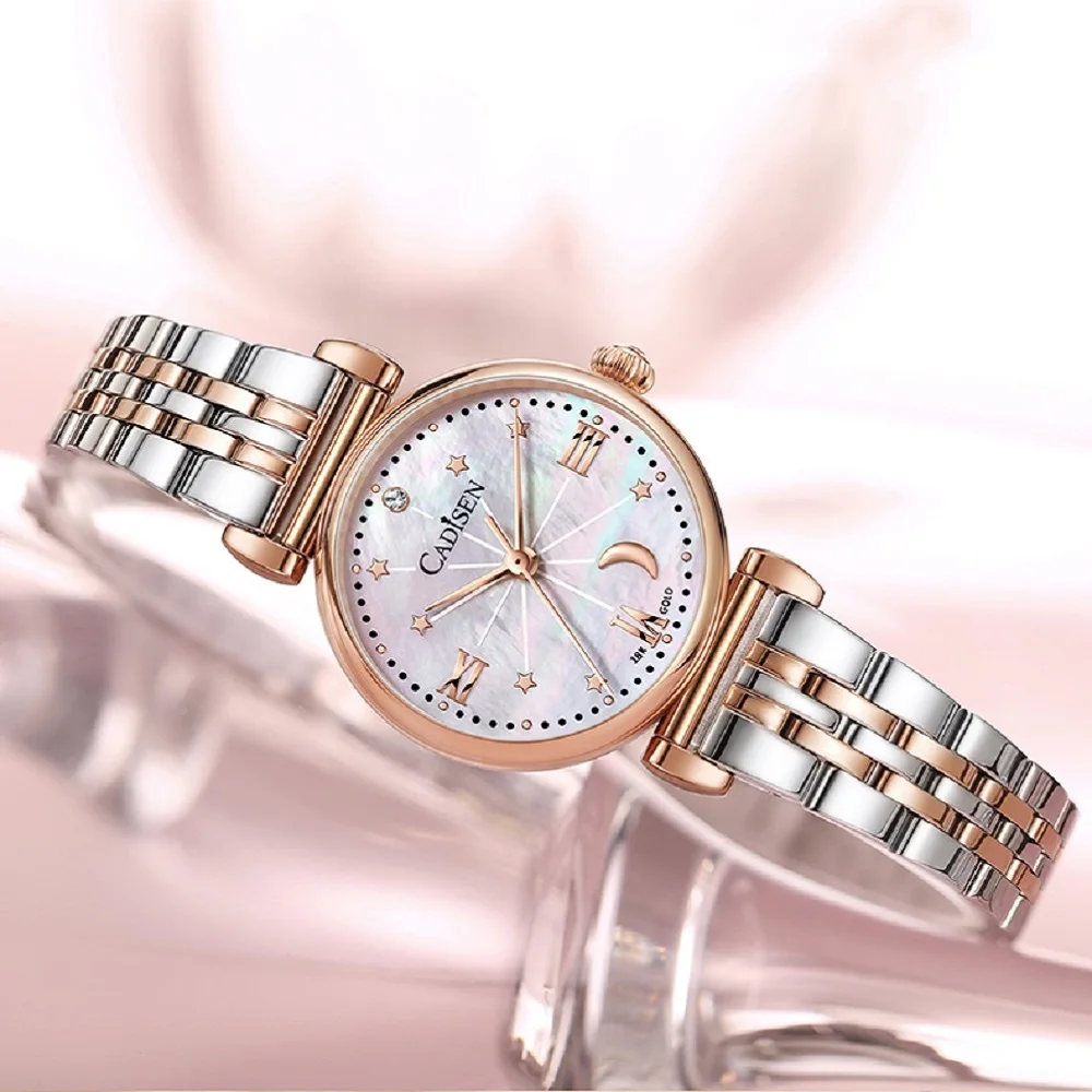18K GOLD Womens Stainless Steel Bracelet Pearle Dial Watch