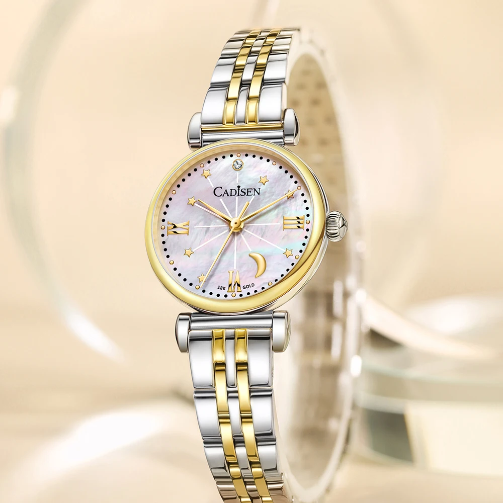 18K GOLD Womens Stainless Steel Bracelet Pearle Dial Watch