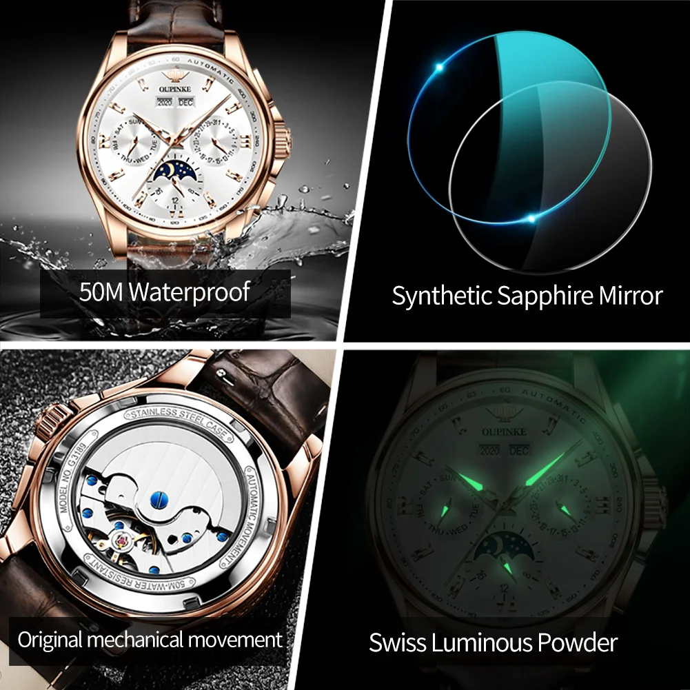 Luxury Men's OUPINKE Watch Leather Watch Band