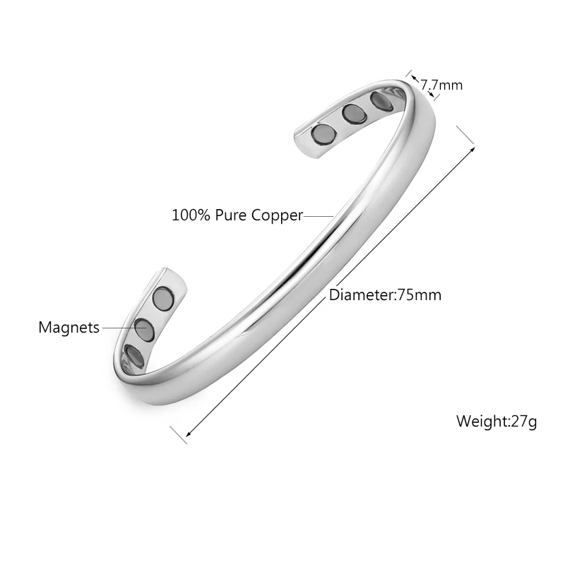 Polished Silver Magnetic Therapy Bangle Cuff Bracelet