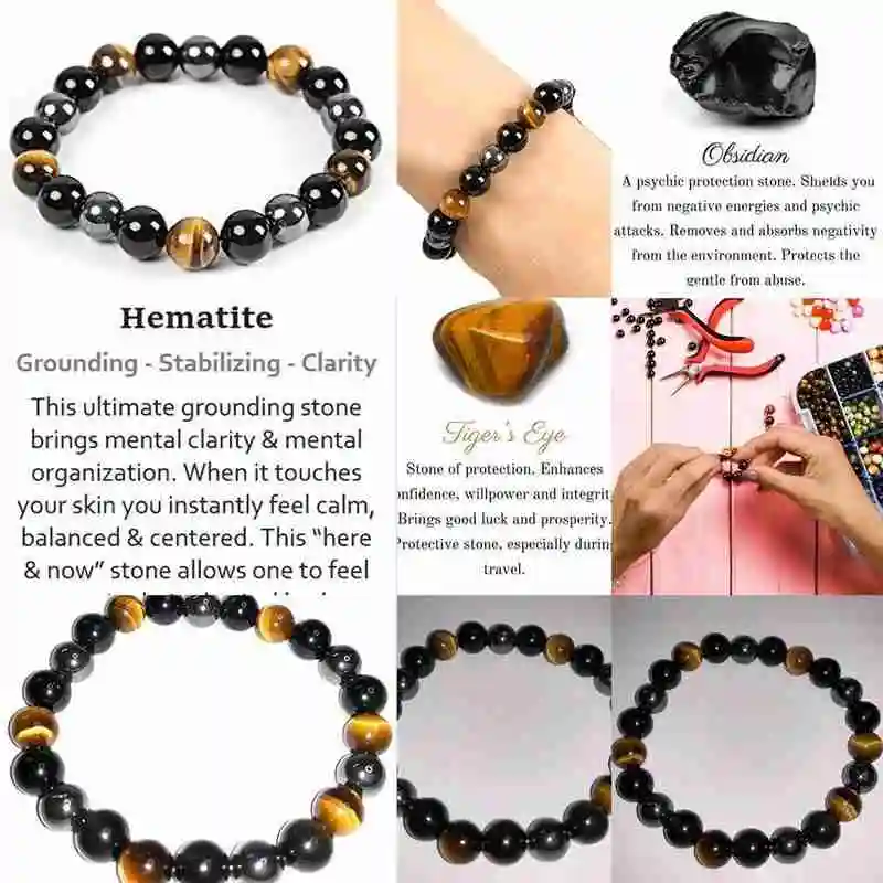 Natural Black Obsidian Hematite Tiger Eye Beads Bracelets