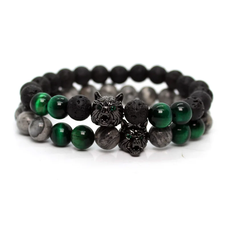 Wolf Head Bracelet for Men with Green Tiger Stone