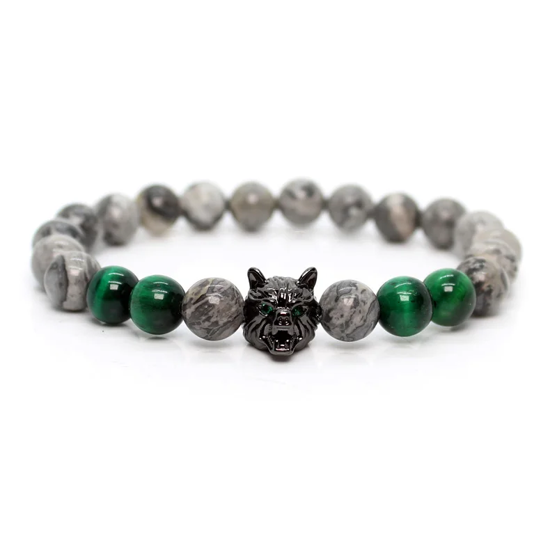 Wolf Head Bracelet for Men with Green Tiger Stone
