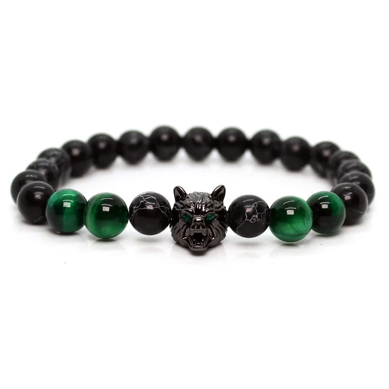 Wolf Head Bracelet for Men with Green Tiger Stone