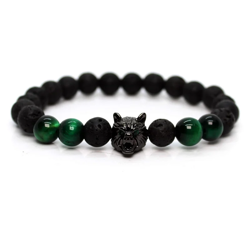 Wolf Head Bracelet for Men with Green Tiger Stone