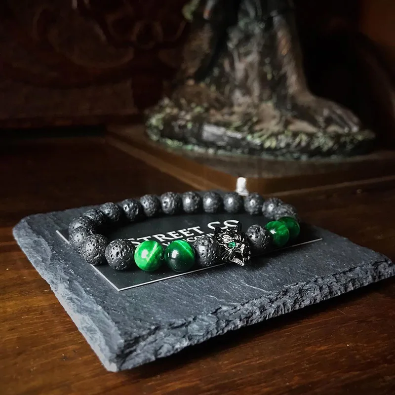 Wolf Head Bracelet for Men with Green Tiger Stone