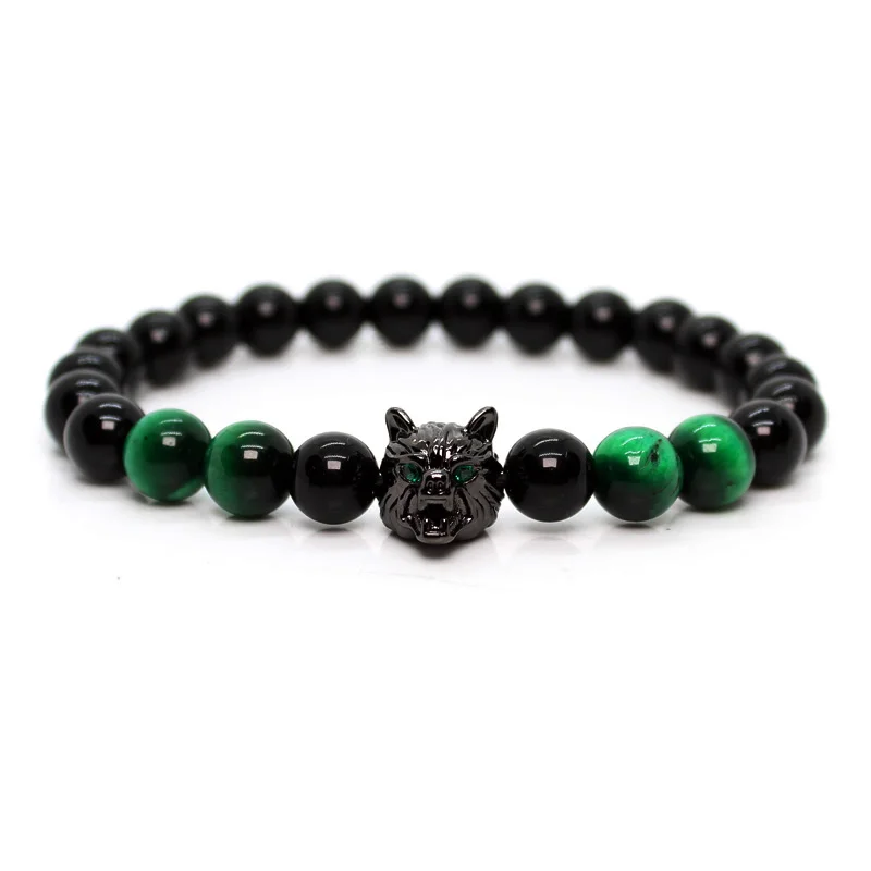 Wolf Head Bracelet for Men with Green Tiger Stone