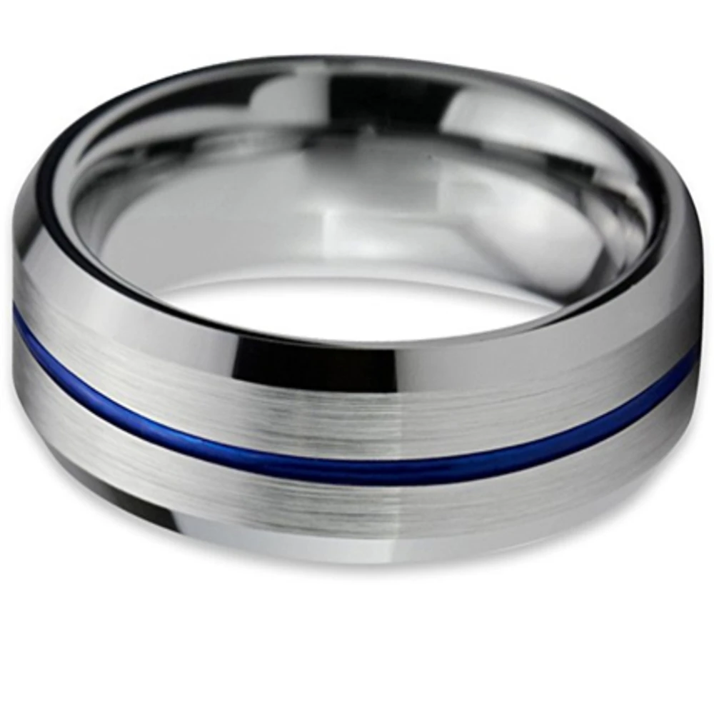 8mm Tungsten Rings for Men with Blue Groove