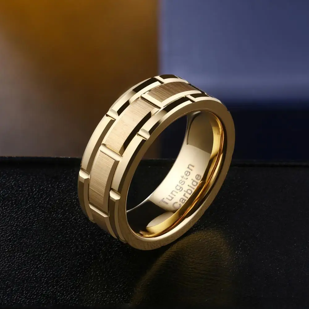 Mens Gold Ring 8mm Brick Pattern Brushed Bands
