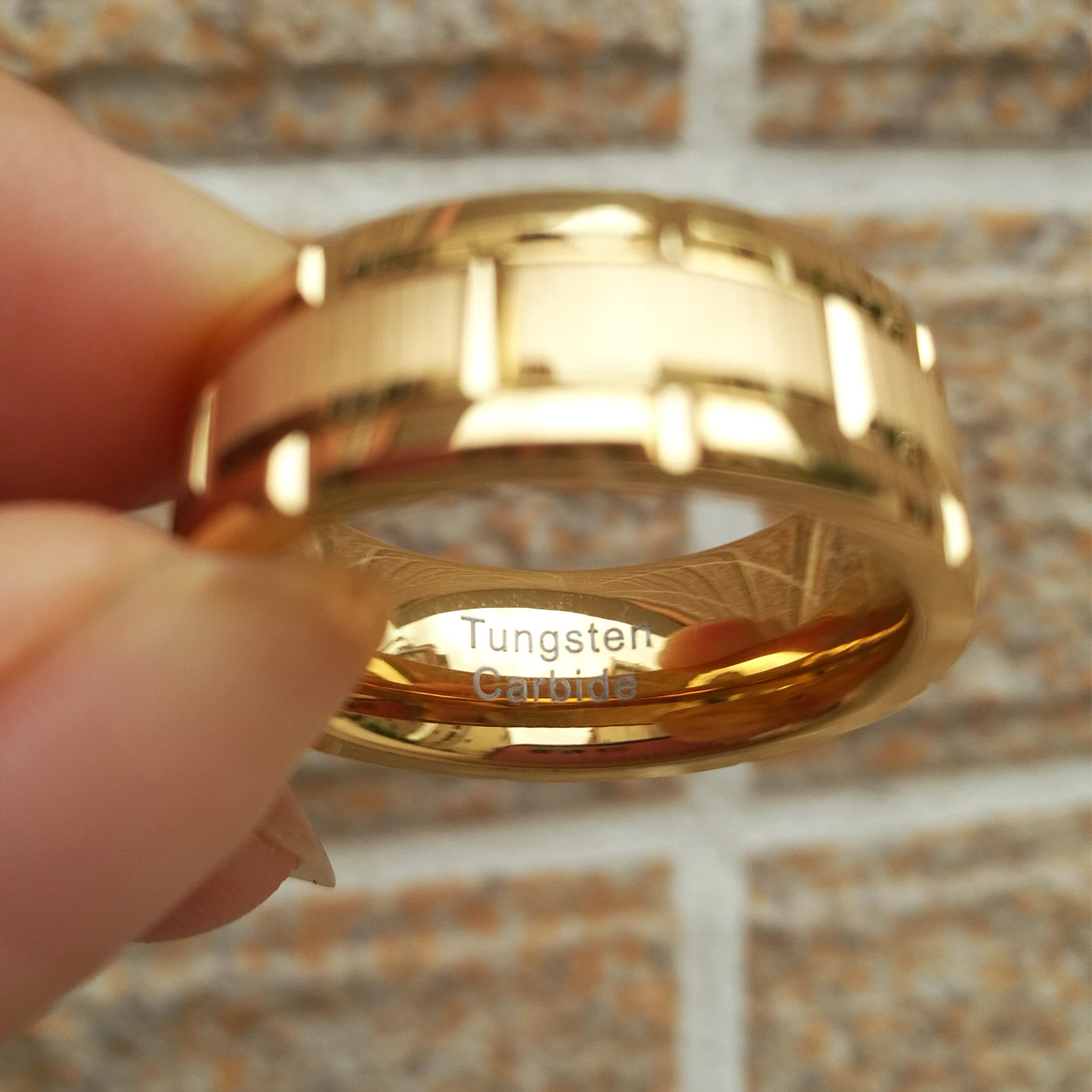 Mens Gold Ring 8mm Brick Pattern Brushed Bands