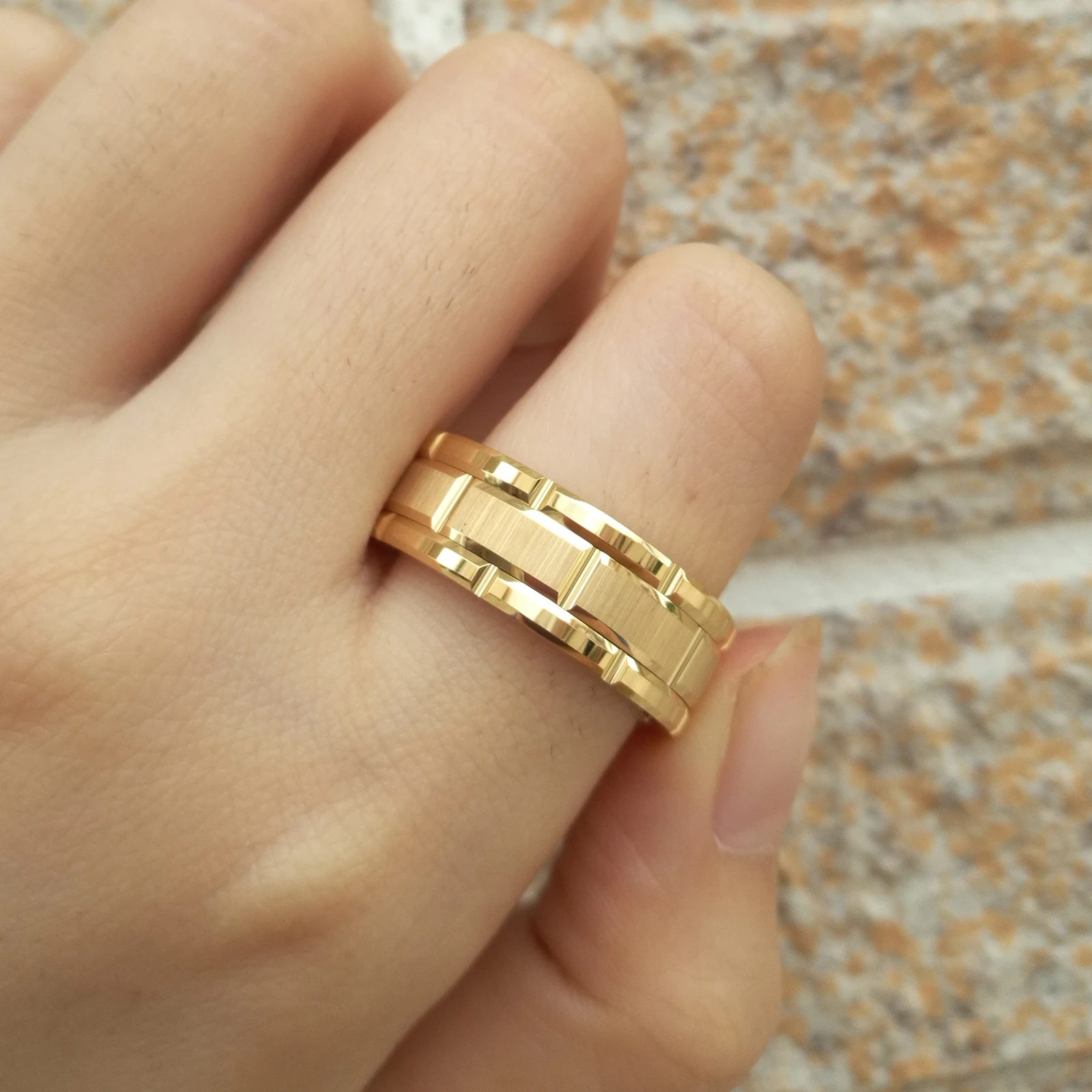 Mens Gold Ring 8mm Brick Pattern Brushed Bands