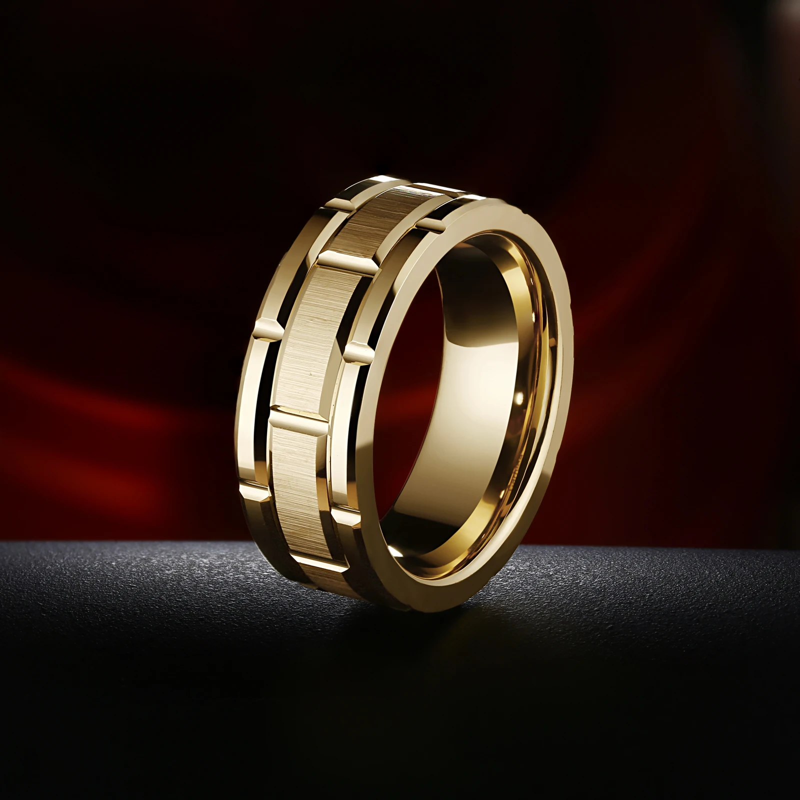 Mens Gold Ring 8mm Brick Pattern Brushed Bands