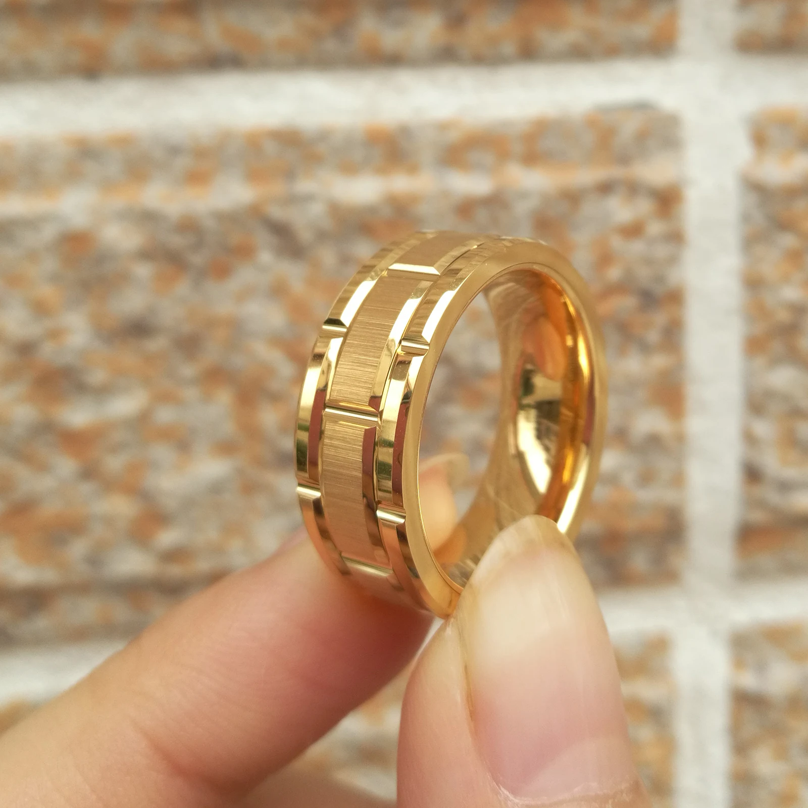 Mens Gold Ring 8mm Brick Pattern Brushed Bands