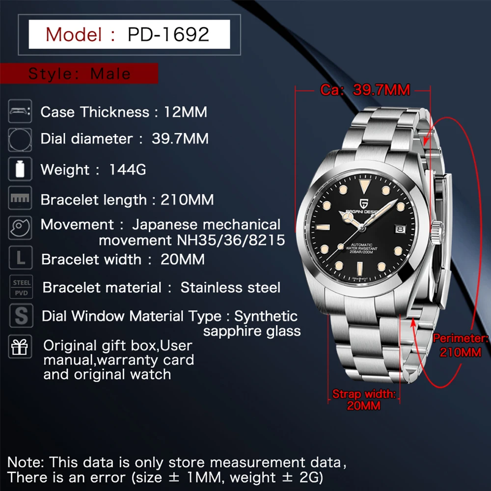 Luxury PAGANI DESIGN Automatic Waterproof 200M Watch
