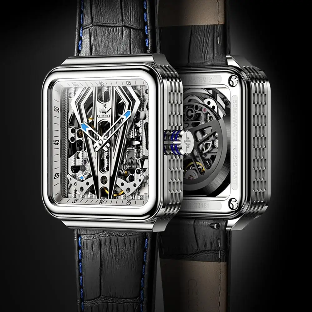OUPINKE Automatic Square Steampunk Skeleton Watch