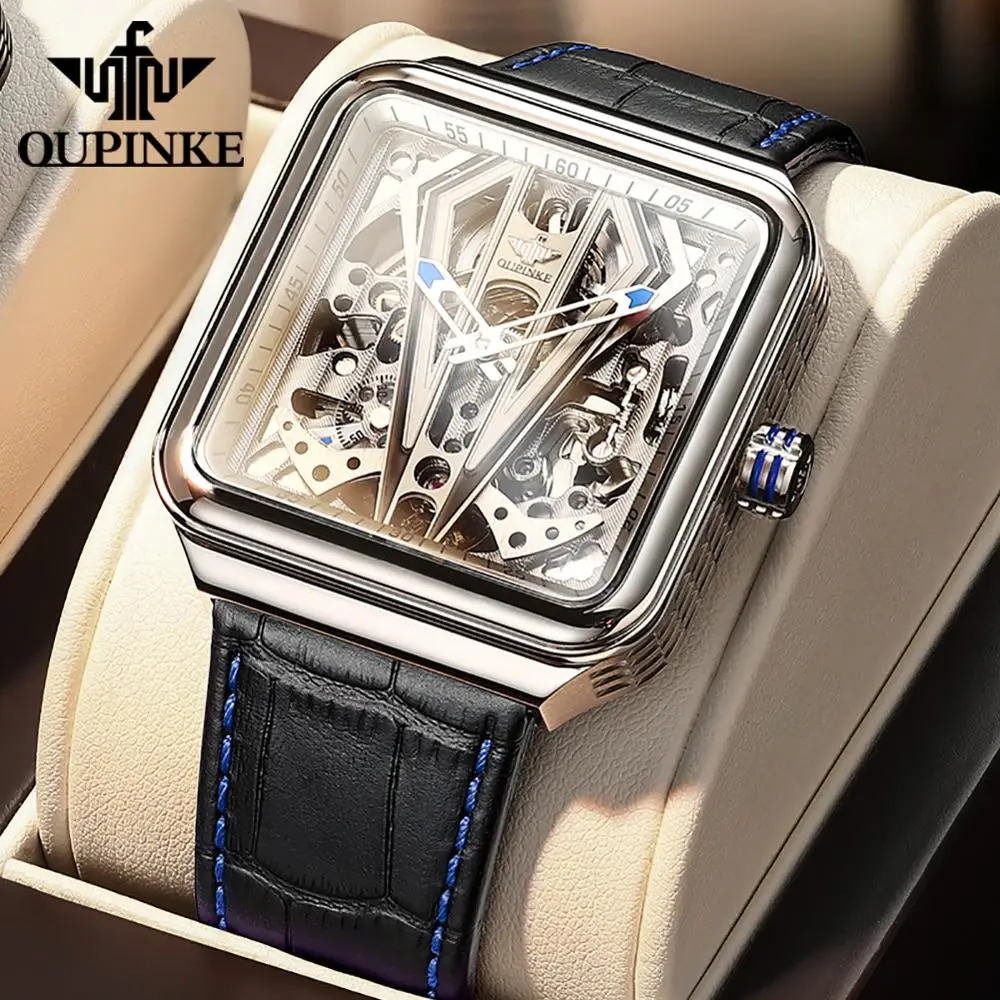 OUPINKE Automatic Square Steampunk Skeleton Watch