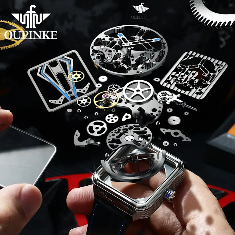 OUPINKE Automatic Square Steampunk Skeleton Watch