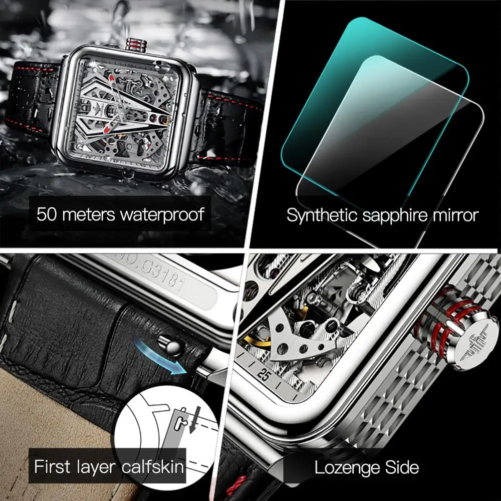 OUPINKE Automatic Square Steampunk Skeleton Watch