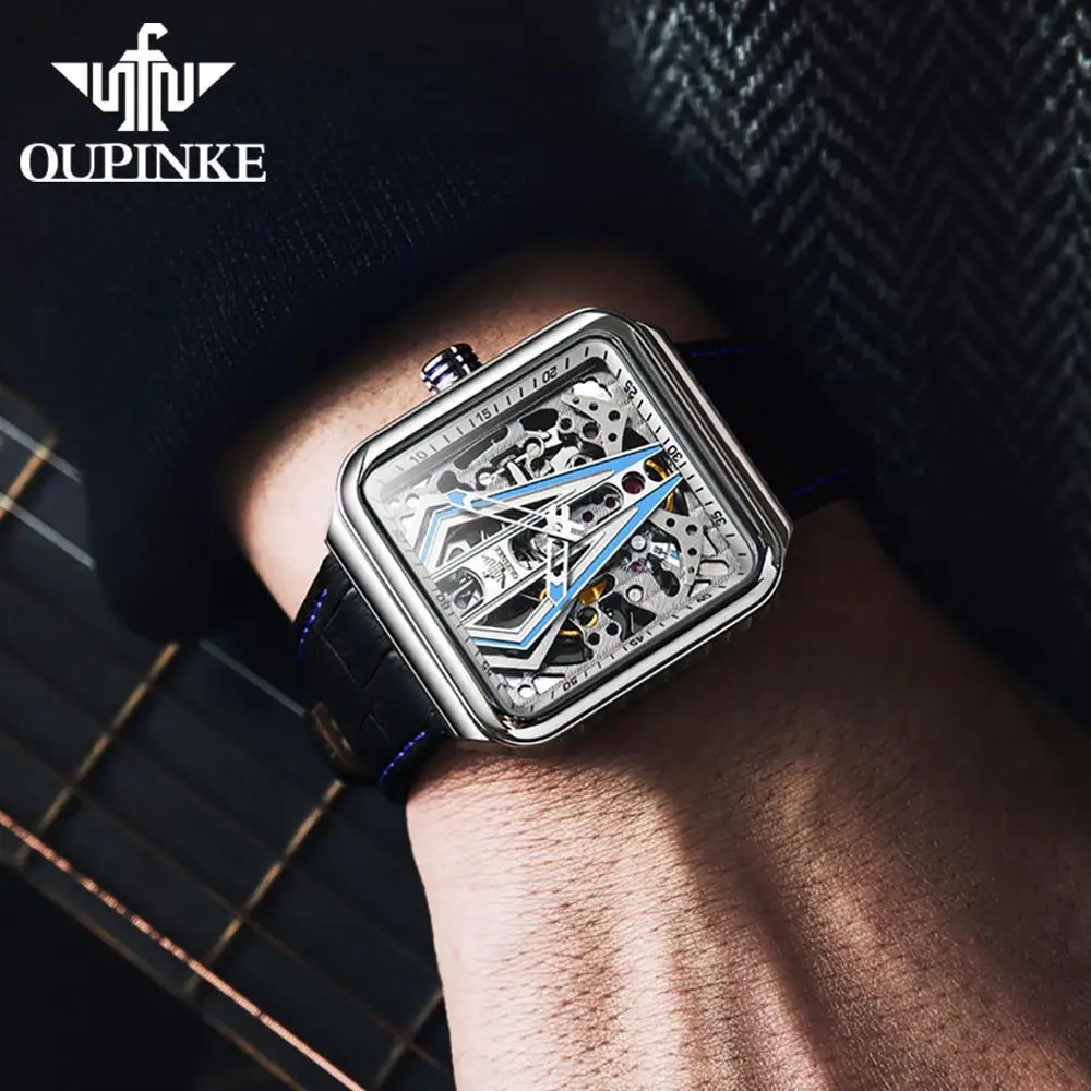 OUPINKE Automatic Square Steampunk Skeleton Watch