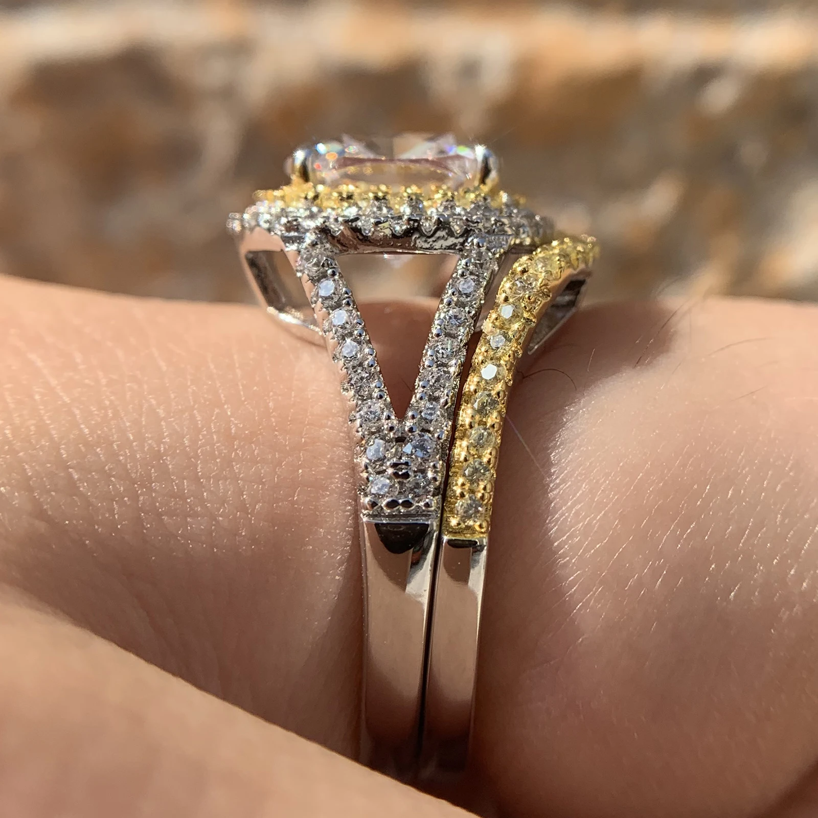 925 Sterling Silver Halo Yellow Gold Wedding Ring