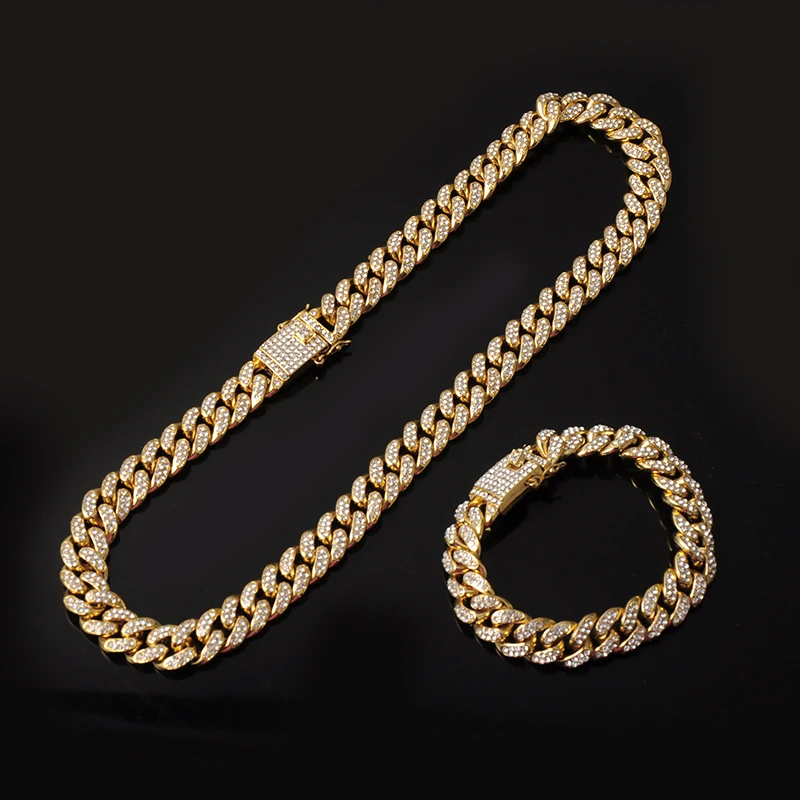 Hip Hop Iced Out Curb Cuban Chain Necklace and Bracelet