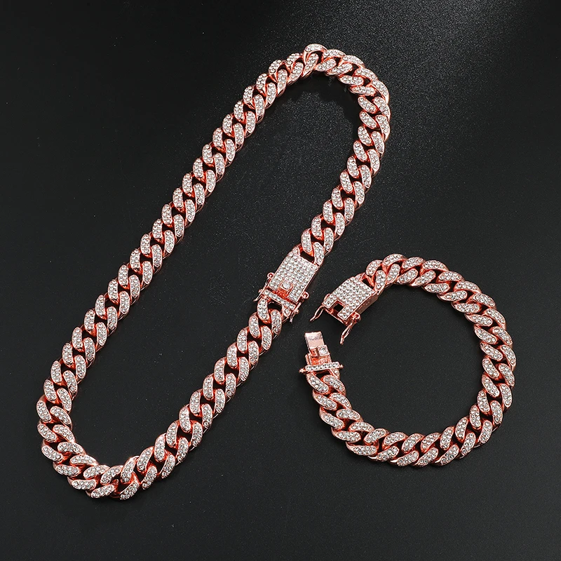 Hip Hop Iced Out Curb Cuban Chain Necklace and Bracelet