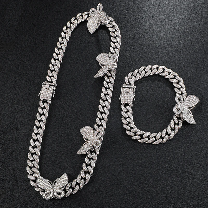 Hip Hop Iced Out Curb Cuban Chain Necklace and Bracelet