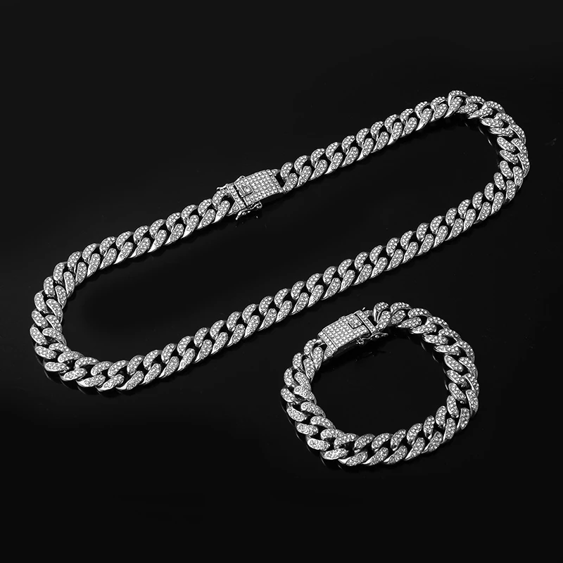 Hip Hop Iced Out Curb Cuban Chain Necklace and Bracelet