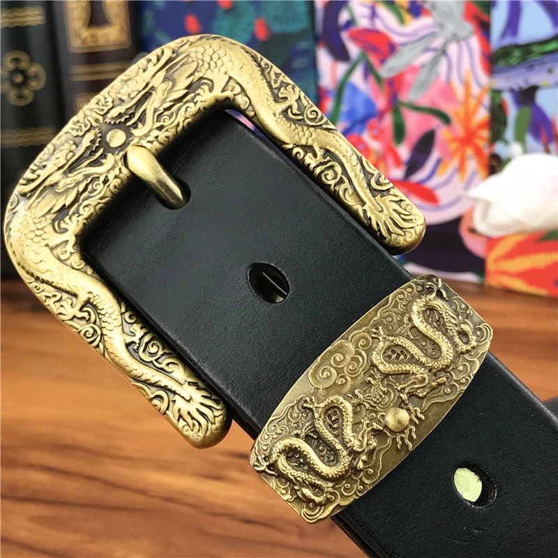 Dragon Pattern Cowboy Leather Belt with Brass Buckle