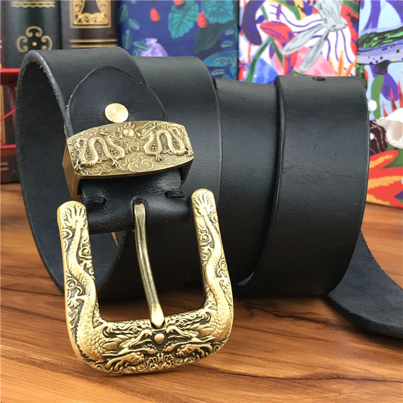 Dragon Pattern Cowboy Leather Belt with Brass Buckle