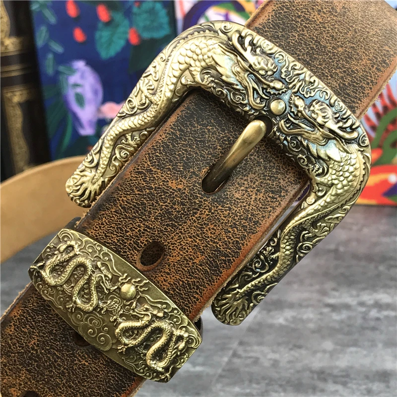 Dragon Pattern Cowboy Leather Belt with Brass Buckle