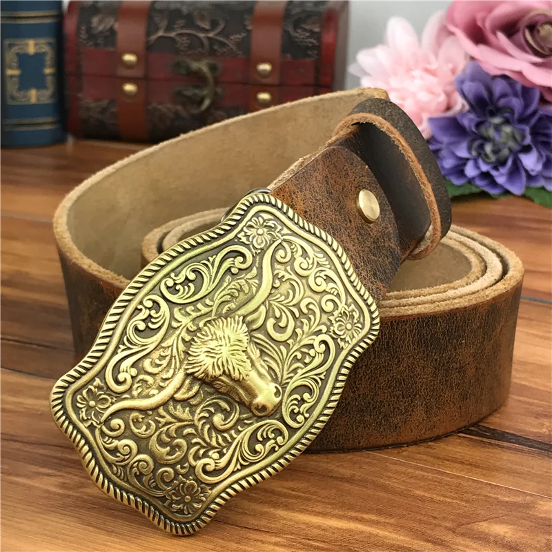 Cowboy Belt Bull Head Buckle Luxury Leather