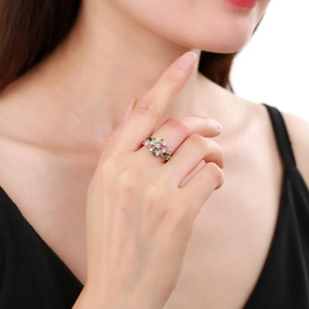 Natural Multicolor Tourmaline Flower Silver Ring