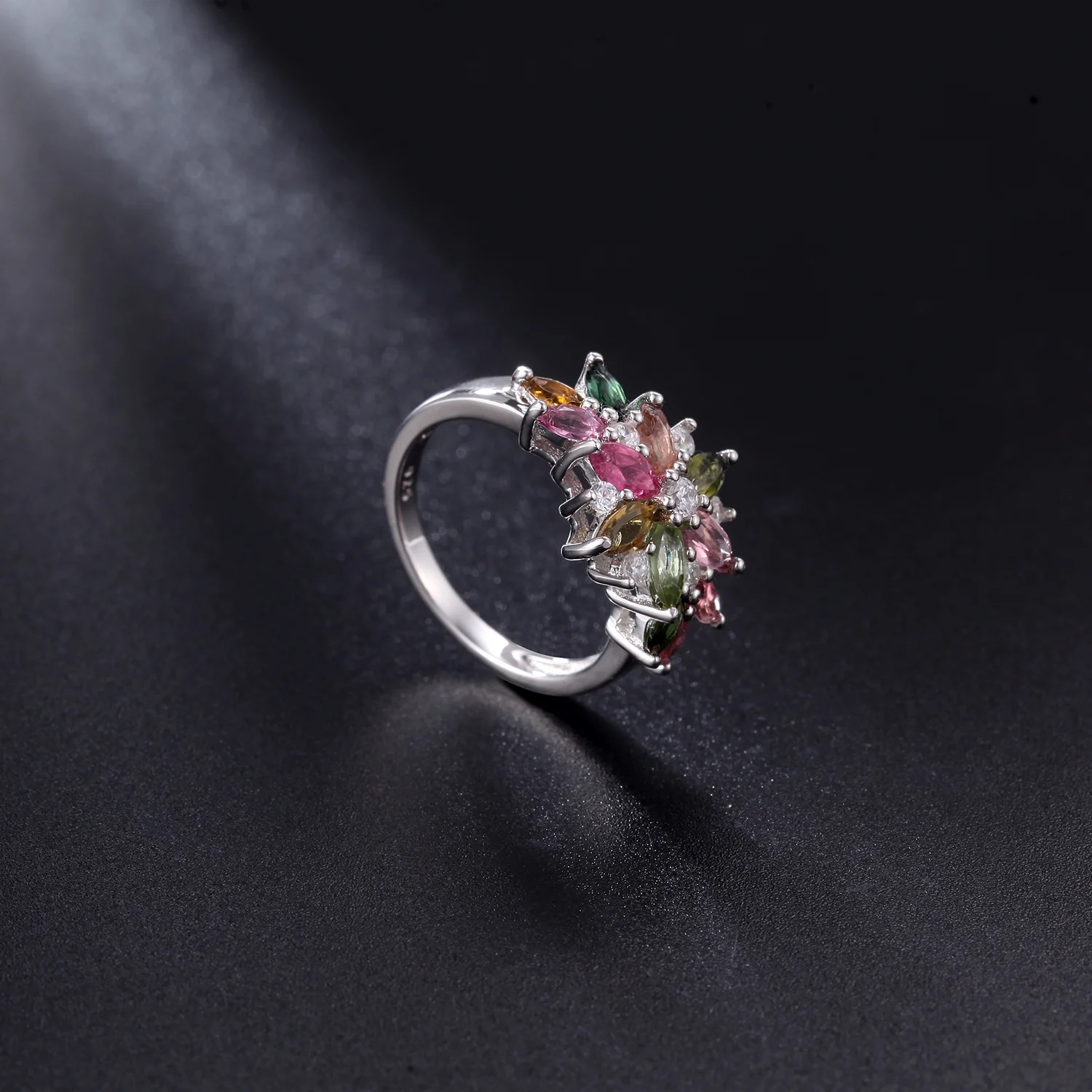 Natural Multicolor Tourmaline Flower Silver Ring