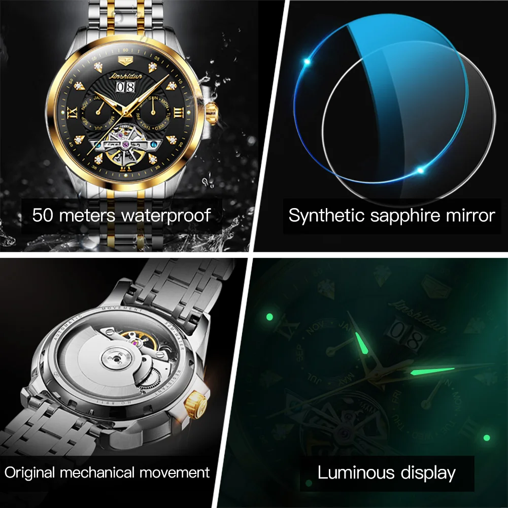 JSDUN Luxury Skeleton Month Week Calendar Watch