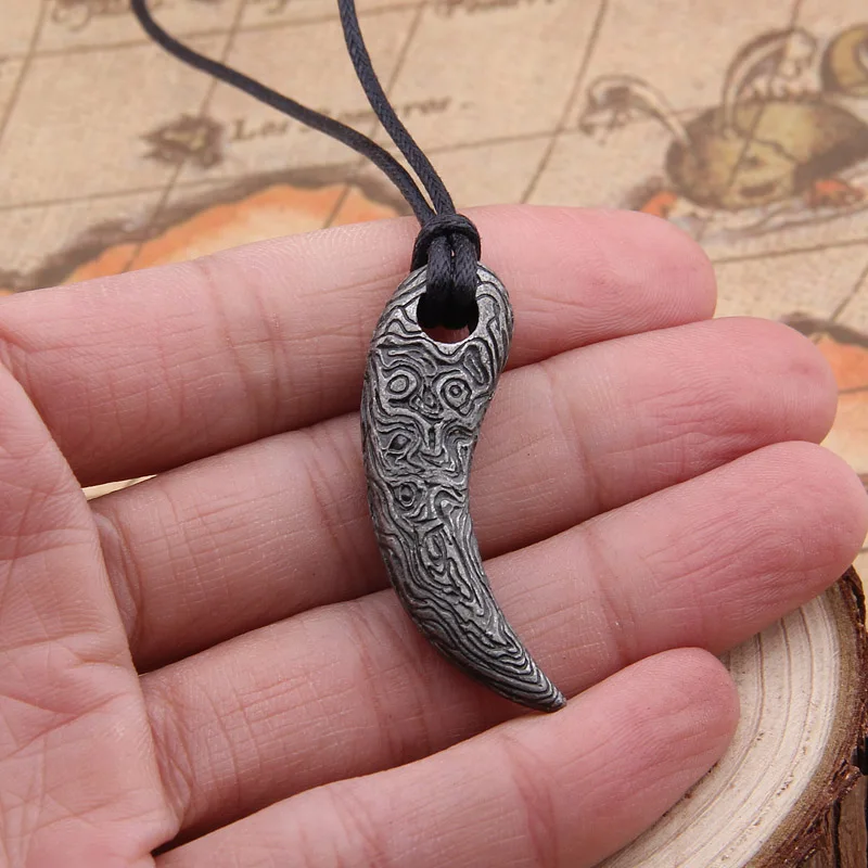 Handmade Damascus Steel Bear Wolf Tooth Pendant