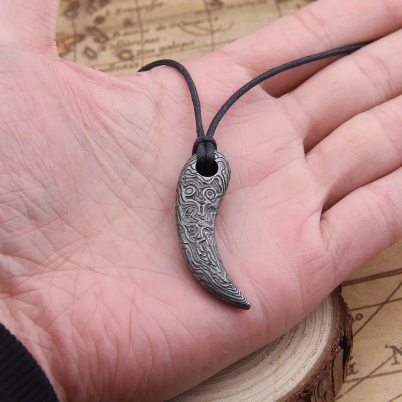 Handmade Damascus Steel Bear Wolf Tooth Pendant
