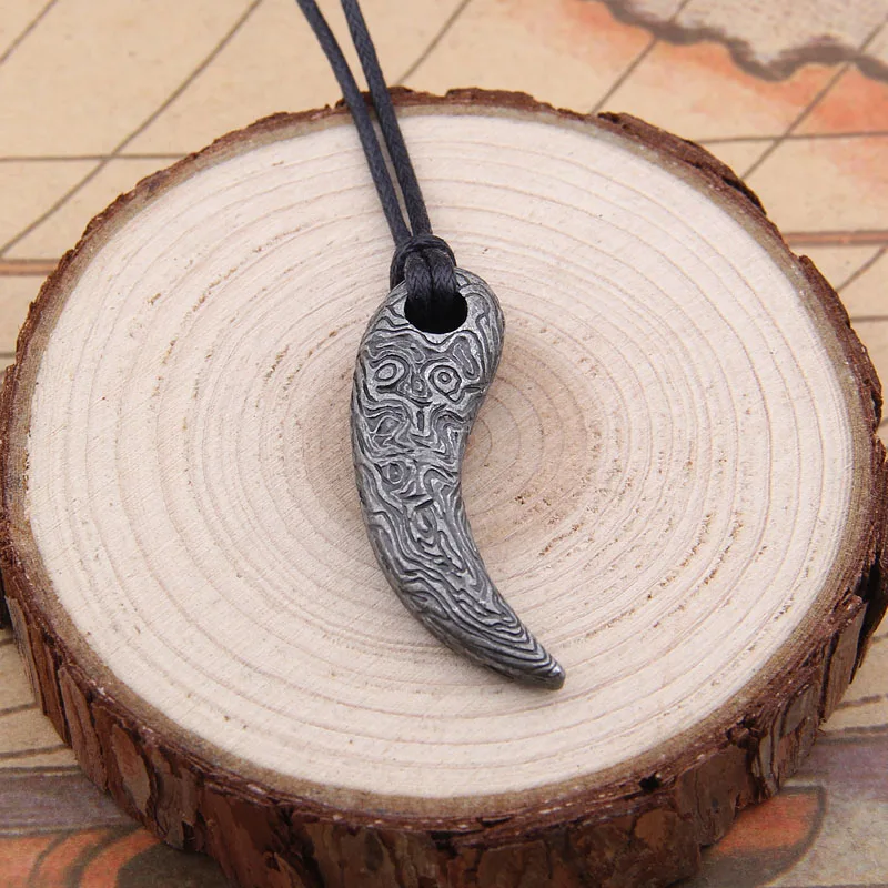Handmade Damascus Steel Bear Wolf Tooth Pendant