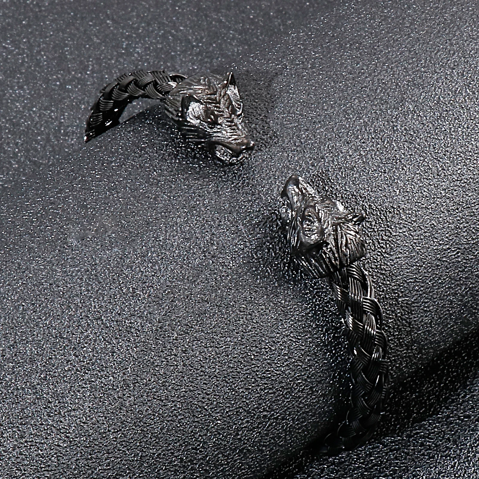 Black Wolf Heads Braided Cable Cuff Bracelet