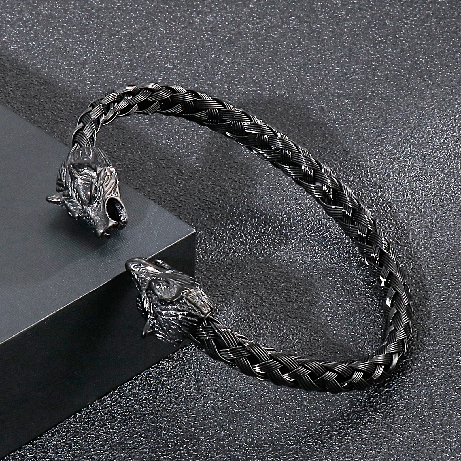 Black Wolf Heads Braided Cable Cuff Bracelet