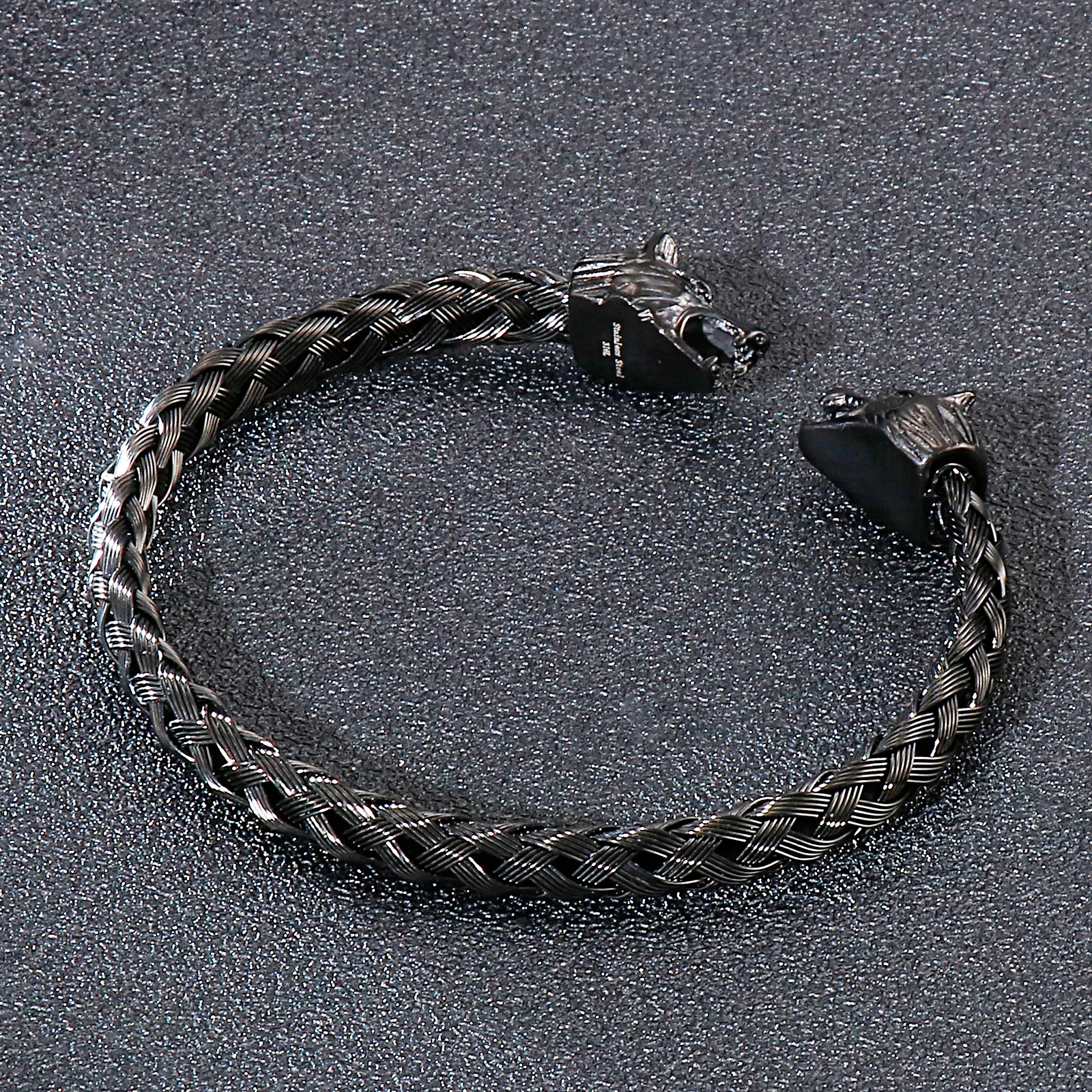 Black Wolf Heads Braided Cable Cuff Bracelet