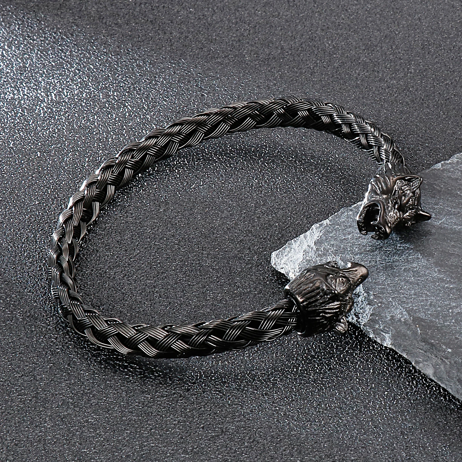 Black Wolf Heads Braided Cable Cuff Bracelet