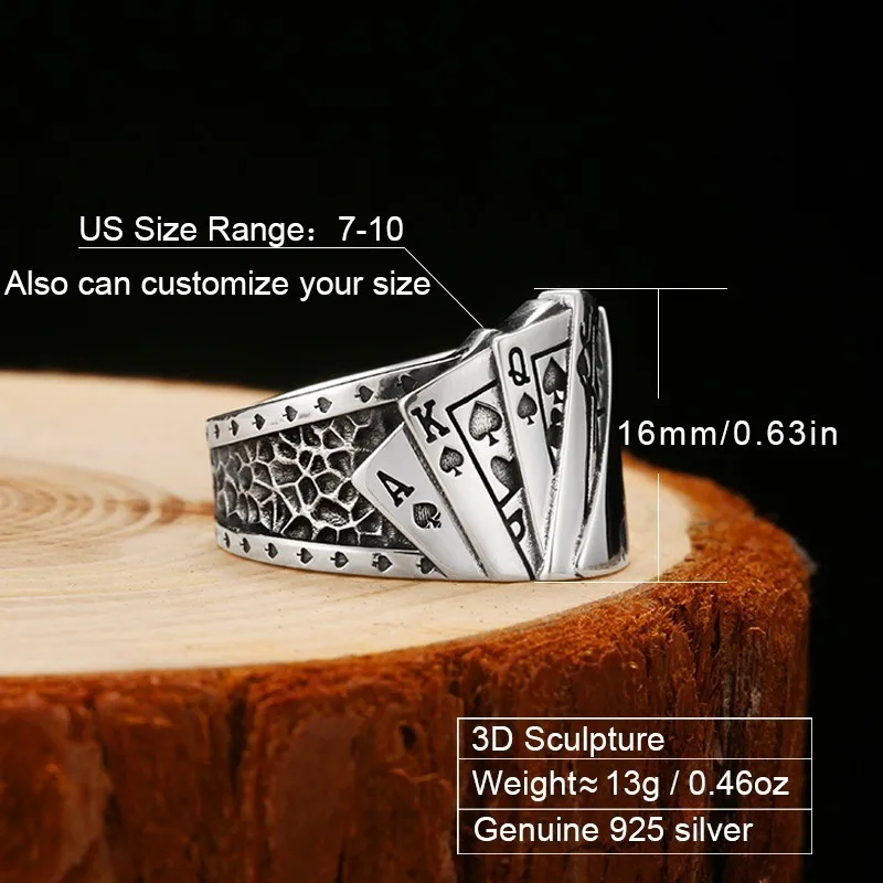 Retro Vintage 925 Silver Poker Games Flush Casino Ring