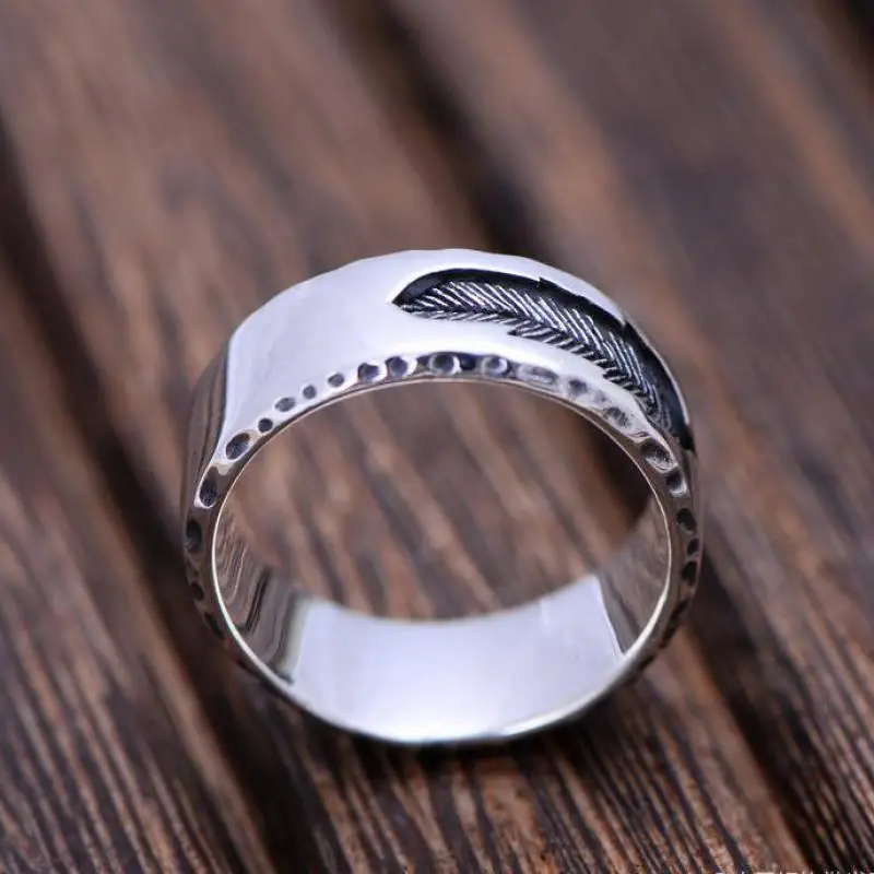 Men's Sterling Silver Engraved Feather Band Ring