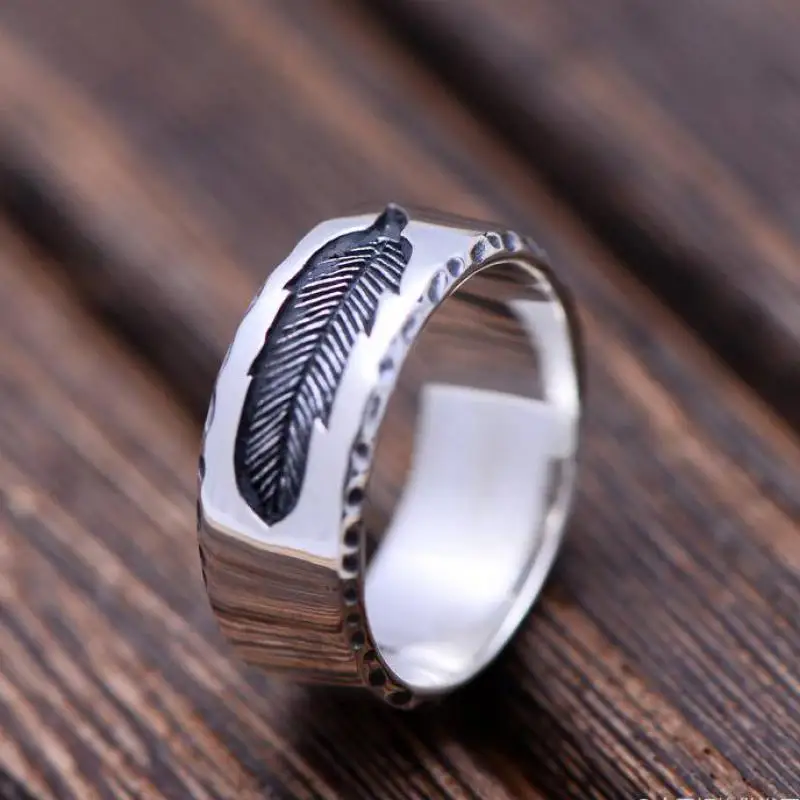 Men's Sterling Silver Engraved Feather Band Ring