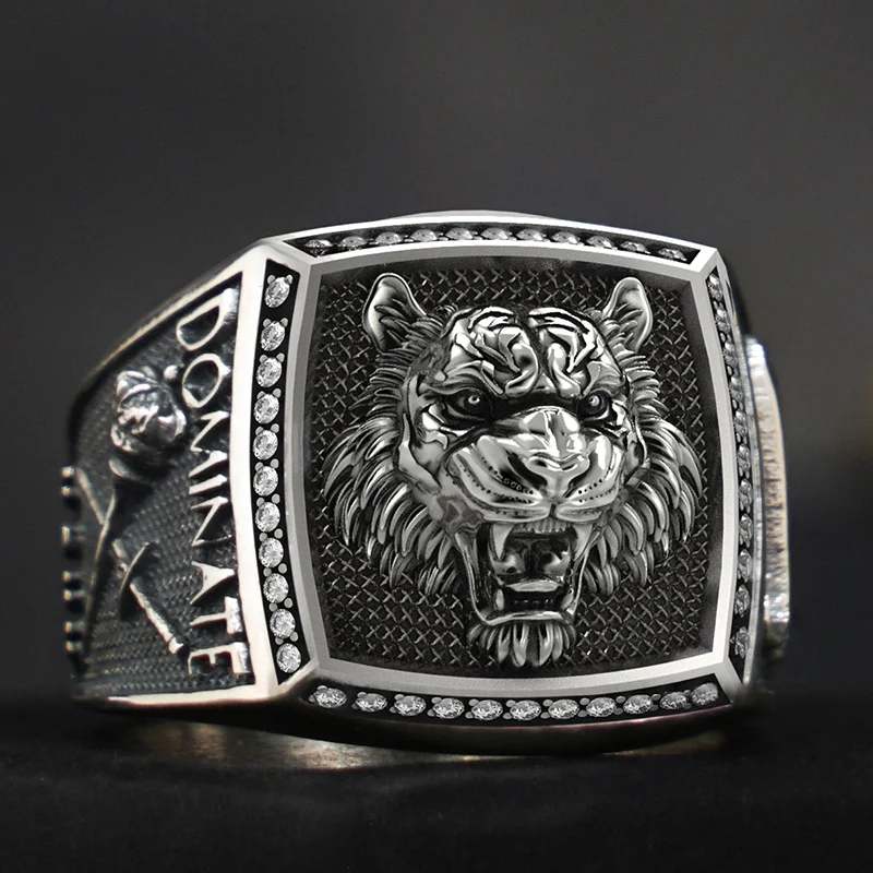 3D Tiger Ring for Men with White Zircon 925 Sterling Silver