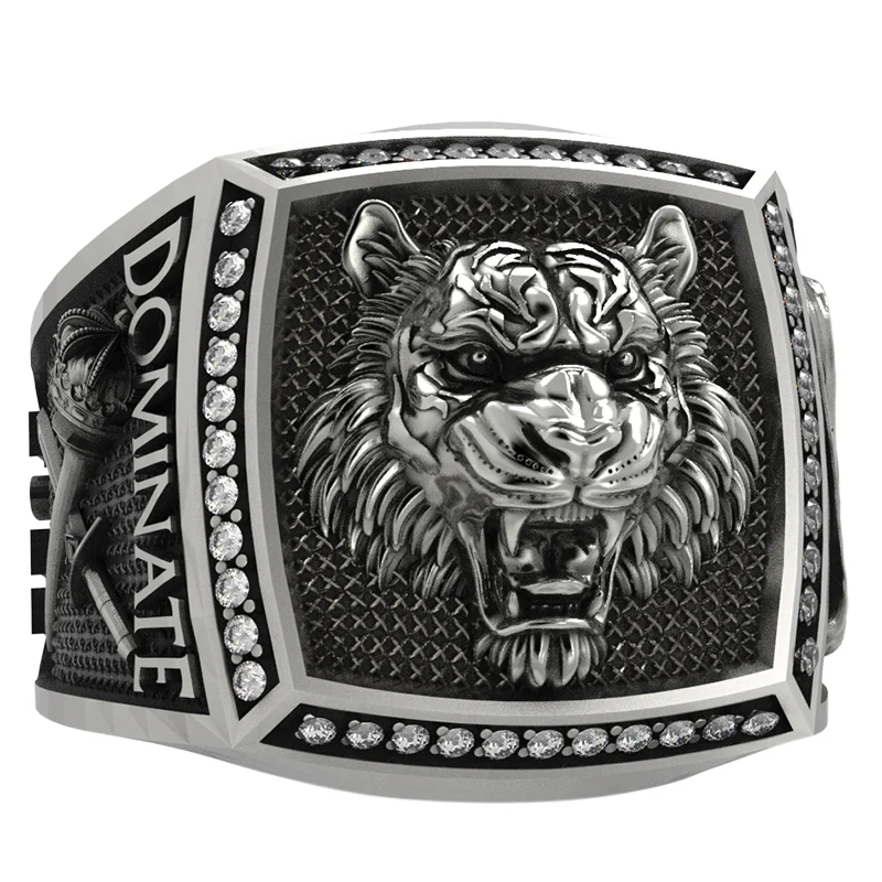 3D Tiger Ring for Men with White Zircon 925 Sterling Silver