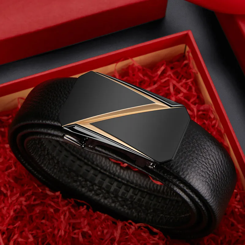 Luxury Leather Dress Belt with Automatic Sliding Buckle