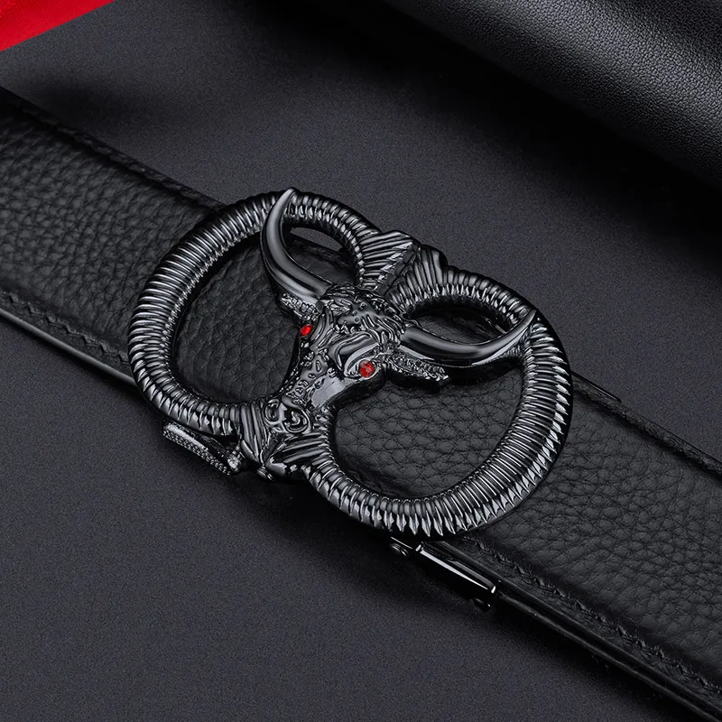 Luxury Mens Ratchet Dress Belt With Bull Head Buckle