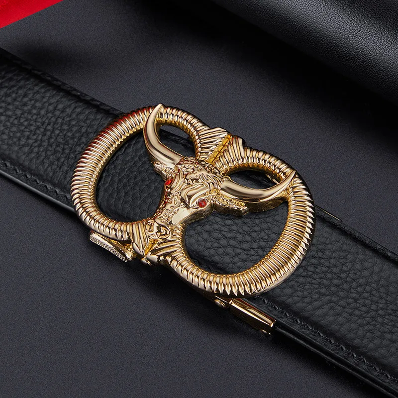 Luxury Mens Ratchet Dress Belt With Bull Head Buckle